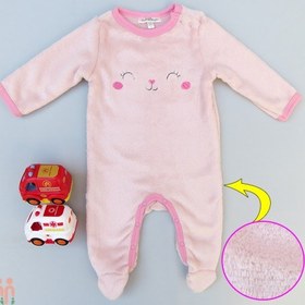 تصویر لباس سرهمی دخترانه نوزاد گرم مخملی زمستانی وارداتی صورتی گربه برند مینی بین mini bean baby fleece pajamas 