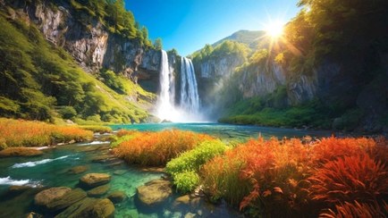 تصویر پوستر دیواری آبشار پاییزی خیره‌کننده با رنگ‌های نارنجی آتشین و سبز زمردی | دکوراسیون طبیعت‌الهام‌بخش و انرژی‌زا برای منزل مدرن - وال یو 