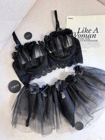 تصویر ست لباس زیر فانتزی زنانه فنردار مدل سینه باز همراه بندجوراب دامنی و جوراب کد M336 Women's lingerie