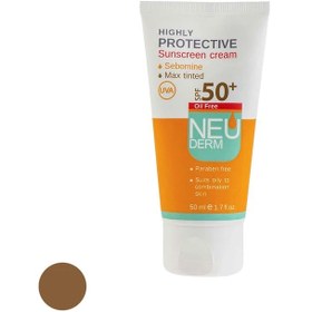 تصویر کرم ضد آفتاب رنگی نئودرم SPF 50 مدل Highly Protective Max Tinted محافظ UVA، مناسب پوست‌های چرب و مختلط حجم 50 میلی لیتر Neuderm highly protective sunscreen cream