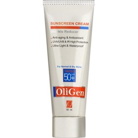 تصویر کرم ضد آفتاب الی ژن و ضد چروک رنگی مناسب خشک و معمولی SPF50 OliGen Sunscreen Tinted Cream For Normal And Dry Skin SPF50 50ml