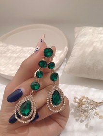 تصویر گوشواره جواهری طرح اشک رنگ سبز 