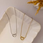 تصویر گردنبند و گوشواره قلب دفرمه با زنجیر ماری ۱ میل | ضد حساسیت، دو رنگ طلایی و نقره‌ای - گردنبند نقره ای Heart