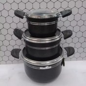 تصویر سرویس قابلمه ۶ پارچه ماموت زنبوری با دسته طلائی و معمولی تفلون 