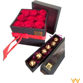تصویر جعبه مربعی گل رز 9 شاخه ای همراه با شکلات ا 9-branched Flower square box with chocolate 9-branched Flower square box with chocolate