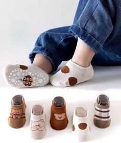 تصویر جوراب کالج نوزادی بچگانه فانتزی نخی طرح تدی کرم قهوه ای - کد Kids_socks