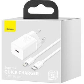 تصویر شارژر دیواری باسئوس مدل Baseus Super Si Quick Charger 1C 20W EU Sets White With Superior Series Fast Charging Data Cable Type-C to iP PD 20W 1m White 