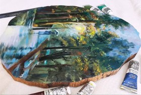 تصویر تابلو نقاشی روی چوب طرح منظره بارانی rainy landscape painting on wood