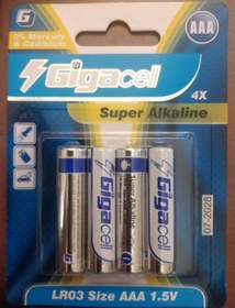 تصویر باتری نیم قلمی گیگاسل کارت4عددی Super Alkaline 1.5V 4Pack Gigacell Super Alkaline 4Pack 1.5V AAA Battery 