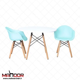 تصویر ست میز و صندلی کودک دو نفره؛ دسته‌دار مدل فایبرگلاس کد ۰۳ - مربع 60 سانتیمتر / آبی / طرح چوب 