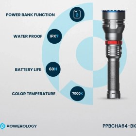 تصویر چراغ قوه پاورولوژی Powerology 4000mAh Waterproof LED Flashlight PPBCHA64-BK 