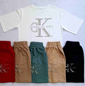 تصویر ست تیشرت شورتک جیبدار سنگدوزی شده کلوین Set tshirt shortak