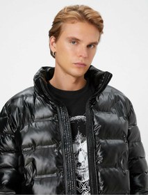 تصویر یقه پایه زیپ دار ژاکت پفی چرم 