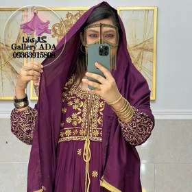 تصویر پیراهن نخی هندی تمام گلدوزی قواره دار با شال 