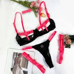 تصویر ست شورت و سوتین سینه باز فنردار همراه رانبند و چوکر زنانه کد 9420 Women's underwear set