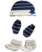 تصویر ست کلاه و پاپوش و دستکش نوزادی - سورمه ای 