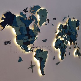 تصویر نقشه جهان پازلی آبی فیروزه ای با نور مخفی 