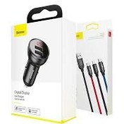 تصویر شارژر فندکی فست شارژ ماشین دو پورت و کابل سه سر بیسوس 
