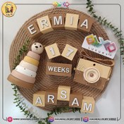 تصویر ست اکسسوری و اسباب بازی چوبی هرم هوش خرس و دوربین لاکچری با تم رنگی کرم و قهوه ای MKS019 