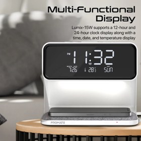 تصویر شارژر بی‌سیم پرومیت مدل LUMIX-15W.WHITE دارای نمایشگر ساعت Multi-Function LED Alarm Clock with 15W Wireless Charger