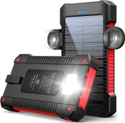 تصویر پاوربانک خورشیدی 12000 میلی آمپر ساعتی، شارژر خورشیدی قابل حمل با پایه مکنده و چراغ قوه LED اضطراری برای فضای باز، کوچک سبک سازگار با آیفون، همه دستگاه های USB (قرمز) - ارسال 20 روز کاری 