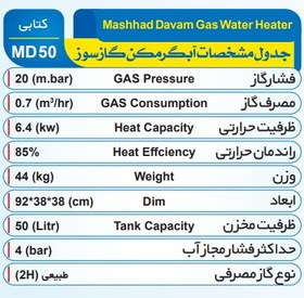 تصویر آبگرمکن گازی دیواری مشهد دوام مدل MD50 ظرفیت ۵۰ لیتر 