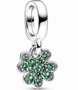 تصویر چارم آویز شبدر چهار برگ نگین‌دار سبز پاندورا 