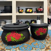 تصویر ست دیزی سنگی 4 نفره و هاونگ با طرح گل قرمز | دیگ سنگی | قابلمه سنگی جهیزیه | آقای سنگی | ظروف سنگی طب سنتی درمان کمخونی 