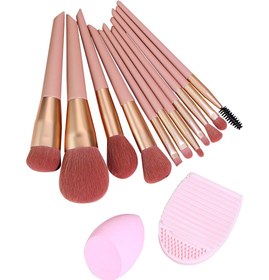 تصویر ست براش مدل P1 قهوه ای روشن 11 عددی به همراه 1 عدد پد آرایشی و براش شور Brush Set P1 11Pcs