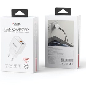 تصویر کلگی فست شارژ Yesido YC61 Gan 2Port 3A QC PD 20W Yesido YC61 Gan 2Port 3A QC PD 20W Fast Wall Charger