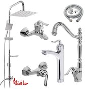 تصویر ست شیرآلات فراست پویا مدل قاجاری ۶ عددی کروم همراه با علم دوش دوکاره 
