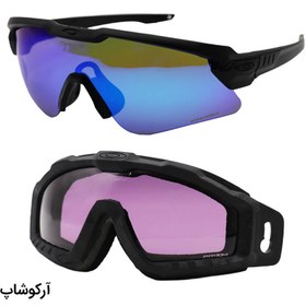 تصویر پک عینک ورزشی و عینک طوفان برند OAKLEY به همراه 4 کاور لنز و تجهیزات جانبی کامل مدل Z87+ 