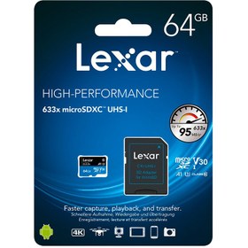 تصویر کارت حافظه microSDXC لکسار مدل 633X-A1-V30 کلاس 10 استاندارد UHS-I U3 سرعت 100mbps ظرفیت 64 گیگابایت به همراه آداپتور SD ا Lexar 633X-A1-V30 Class 10 MicroSDXC Memory Card, Standard UHS-I U3, 100mbps, 64 GB Capacity With SD Adapter Lexar 633X-A1-V30 Class 10 MicroSDXC Memory Card, Standard UHS-I U3, 100mbps, 64 GB Capacity With SD Adapter