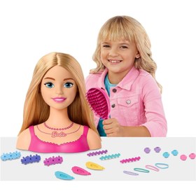 تصویر سر styling عروسک باربی با موهای بلوند و 20 اکسسوری رنگی برند barbie Barbie Doll Styling Head, Blond Hair with 20 Colorful Accessories,