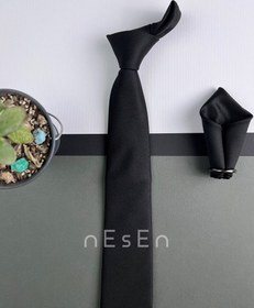 تصویر ست کراوات و دستمال جیب مردانه نسن | مشکی ساده S13 