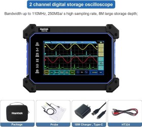 تصویر اسیلوسکوپ و فانکشن ژنراتور دیجیتال پرتابل دو کاناله 110MHZ با نمایشگر تمام لمسی HANTEK TO1112D 