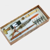 تصویر ست کالیگرافی قلم پر قرقاول دم قرمز طرح رویال Calligraphy set feather pen tinamou with red tail 