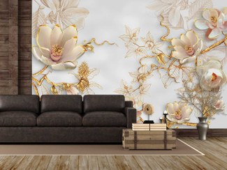 تصویر پوستر دیواری گل هلندی و برگ طلایی پشت تلوزیون سه بعدی-کدpd1080 