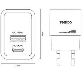 تصویر کلگی فست شارژ Yesido YC61 Gan 2Port 3A QC PD 20W Yesido YC61 Gan 2Port 3A QC PD 20W Fast Wall Charger