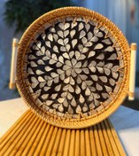 تصویر سینی حصیری راتان کف صدفی دسته دار 3 تکه 