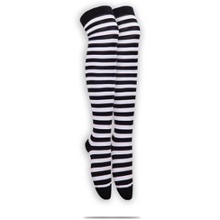تصویر جوراب بلند زنانه بالای زانو راه راه سفید مشکی ا Women's black knee-high black striped socks Women's black knee-high black striped socks