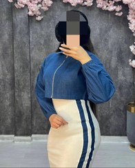 تصویر سارافون زنانه روی جین پاییزه مشکی و سفید 