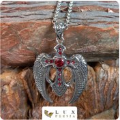 تصویر پلاک استیل صلیب بالدار 2 نگین قرمز 