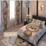 تصویر ست اتاق کودک روتختی ، پرده و فرشینه طرح خرس دوده 