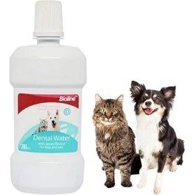 تصویر دهانشویه سگ و گربه بایولاین مدل dental water حجم 300 میلی لیتر 