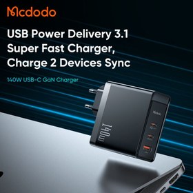 تصویر شارژر دیواری 140 وات مک دودو مدل CH-2911 MCDODO CH-2911 GaN 5 Pro 140W Dual Type-C + USB Fast Charger