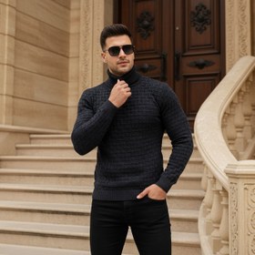 تصویر بافت یقه اسکی مردانه زغال سنگی طرحدار مدل 1990 