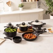 تصویر سرویس قابلمه کاراجا ۱۲ پارچه گرانیتی مشکی طلایی 