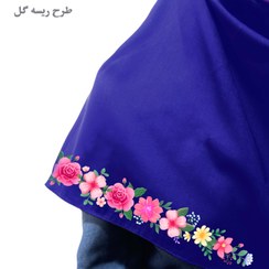 تصویر مقنعه کرپ آبی کاربنی / طرح ریسه گل مقنعه طرحدار معلم