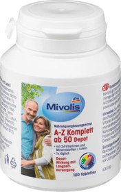 تصویر مولتی ویتامین A-Z بسته ۱۰۰ عددی مناسب بالای ۵۰ سال. Mivolis A-Z Komplett Depot ab 50, Tabletten, 100 St, 150 g 